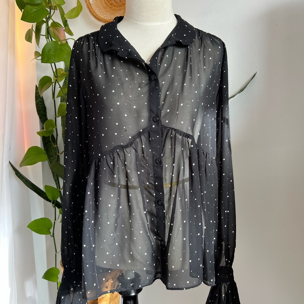 The Edit Sheer Black Goth Blouse with Stars Size Medium Juniors